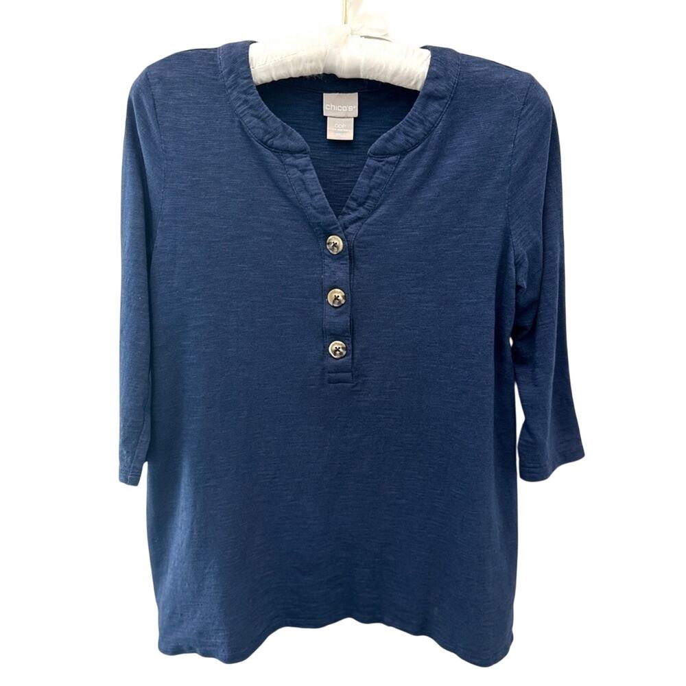 CHICO’S | Petite Navy Blue Tunic Top Button Front 3/4 Sleeve | XS